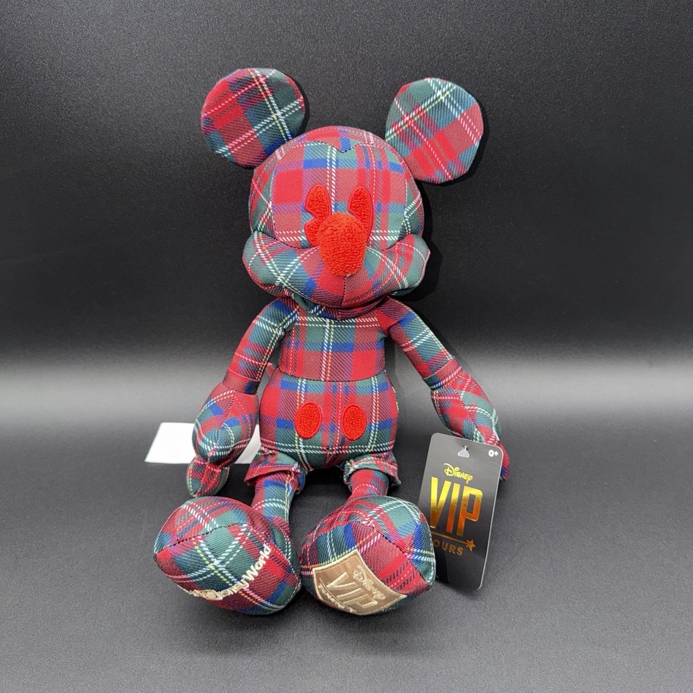 Disney VIP Tours Mickey Mouse Plaid Plush Red Green Tartan Walt Disney World NWT